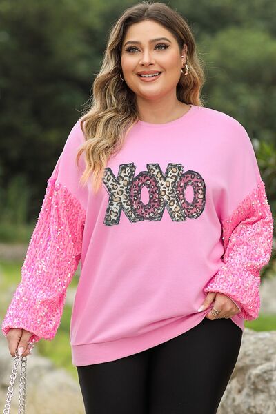 Plus Size XOXO Sequin Round Neck Sweatshirt