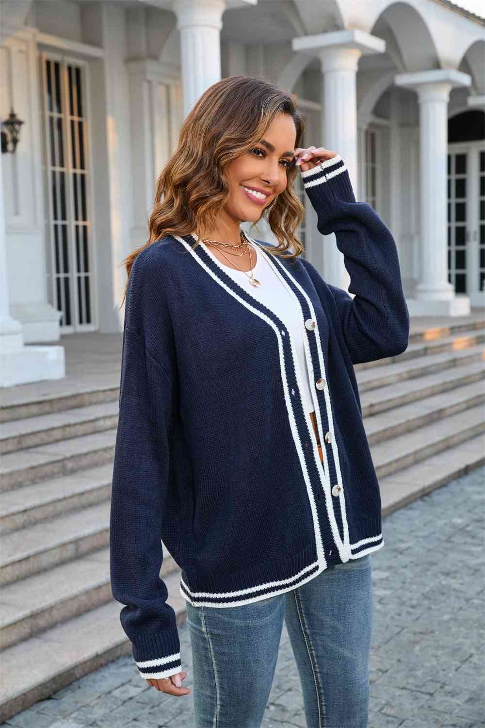 Buttoned V-Neck Long Sleeve Cardigan