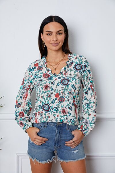 Floral Notched Long Sleeve Blouse