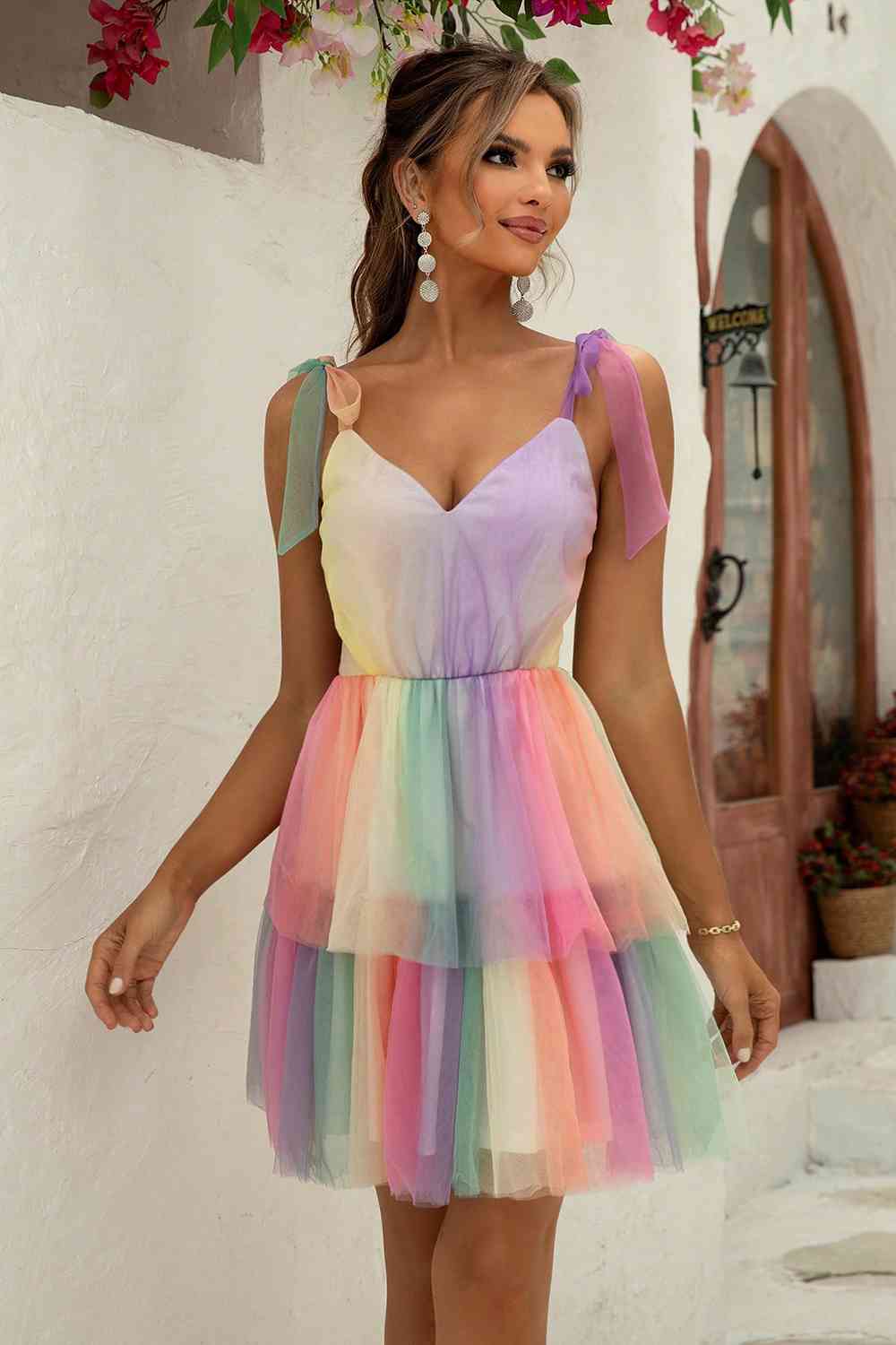 Gradient Tie-Shoulder Layered Dress