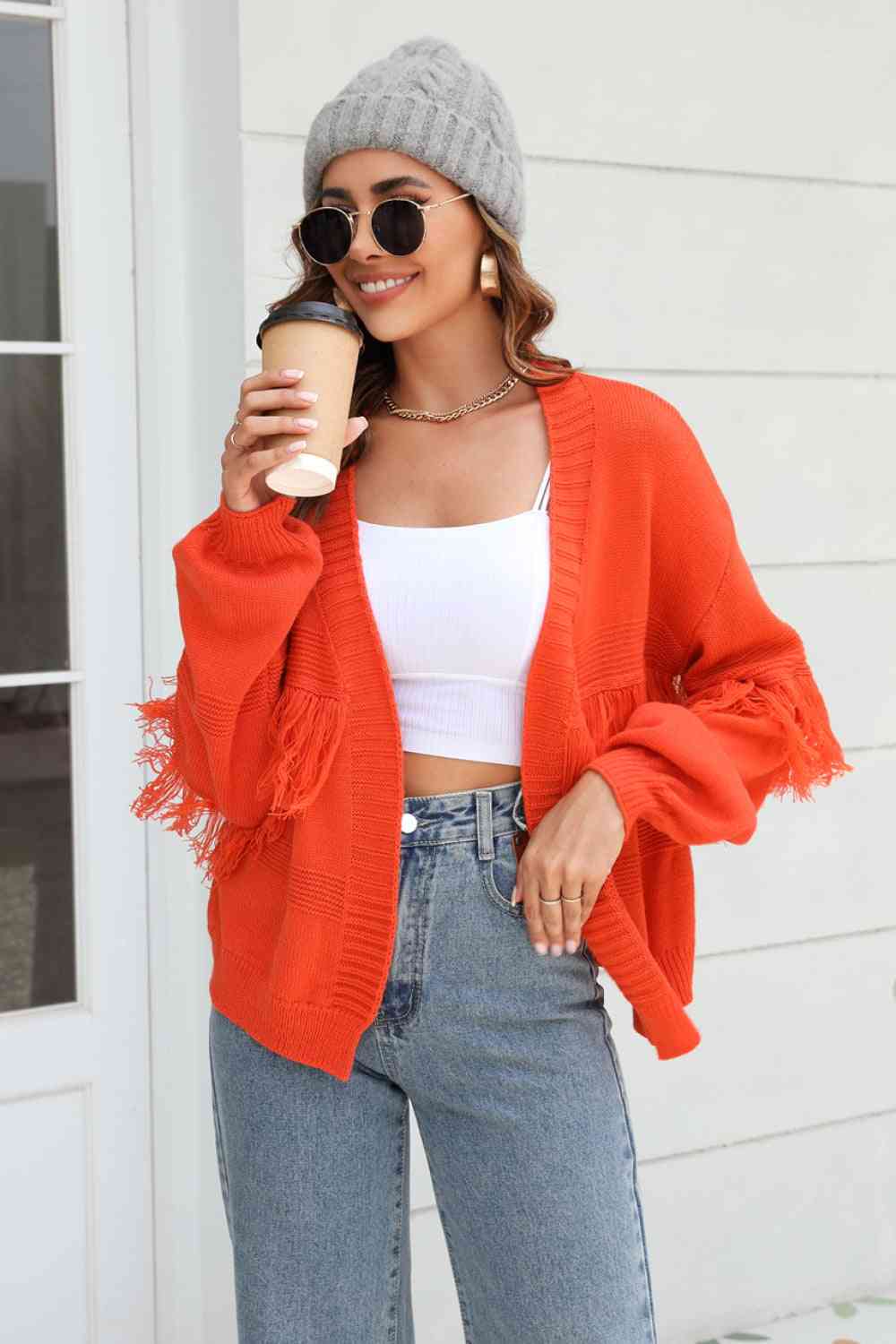 Double Take Fringe Trim Open Front Cardigan