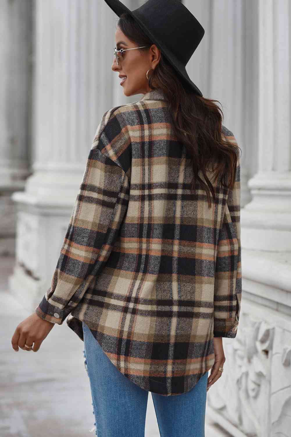 Plaid Curved Hem Dropped Shoulder Longline Shirt Jacket