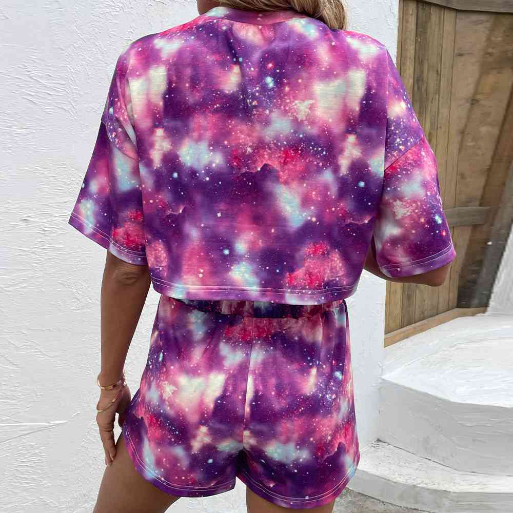 Tie Dye Round Neck Dropped Shoulder Half Sleeve Top and Shorts Set