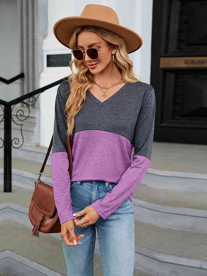 V-Neck Long Sleeve Two-Tone T-Shirt