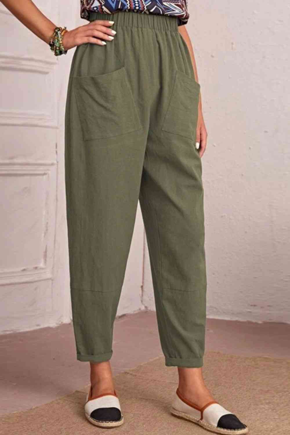 Elastic Waist Pocket Tapered Pants