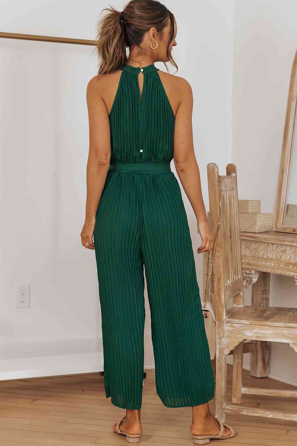 Accordion Pleated Belted Grecian Neck Sleeveless Jumpsuit