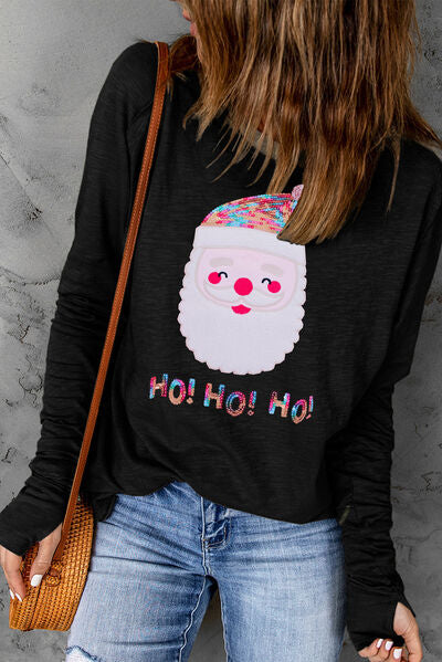 Sequin Santa Round Neck Long Sleeve T-Shirt