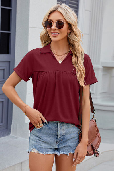 Ruched Johnny Collar Short Sleeve Blouse