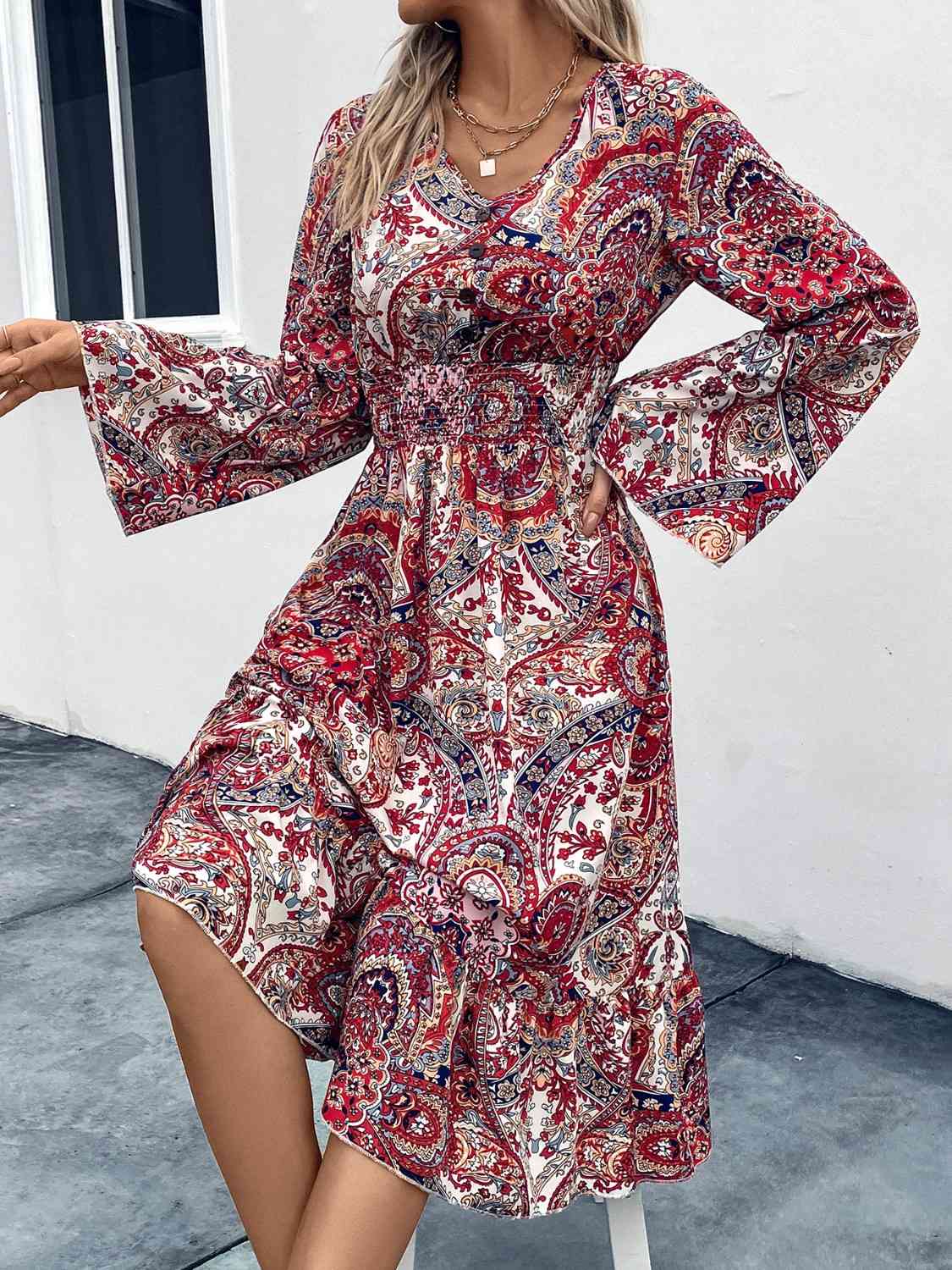 Smocked V-Neck Long Sleeve Dress