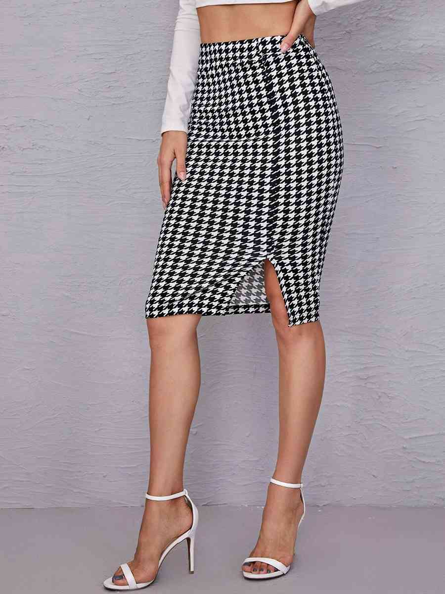 Houndstooth Slit Knee-Length Skirt