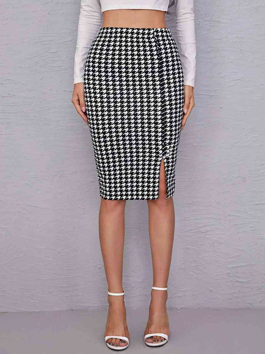 Houndstooth Slit Knee-Length Skirt