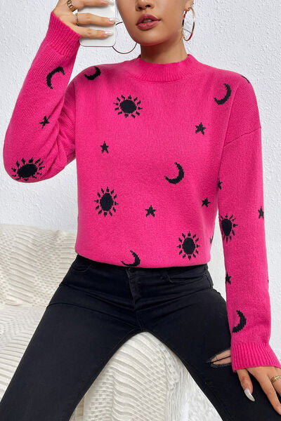 Graphic Mock Neck Dropped Shoulder Sweater