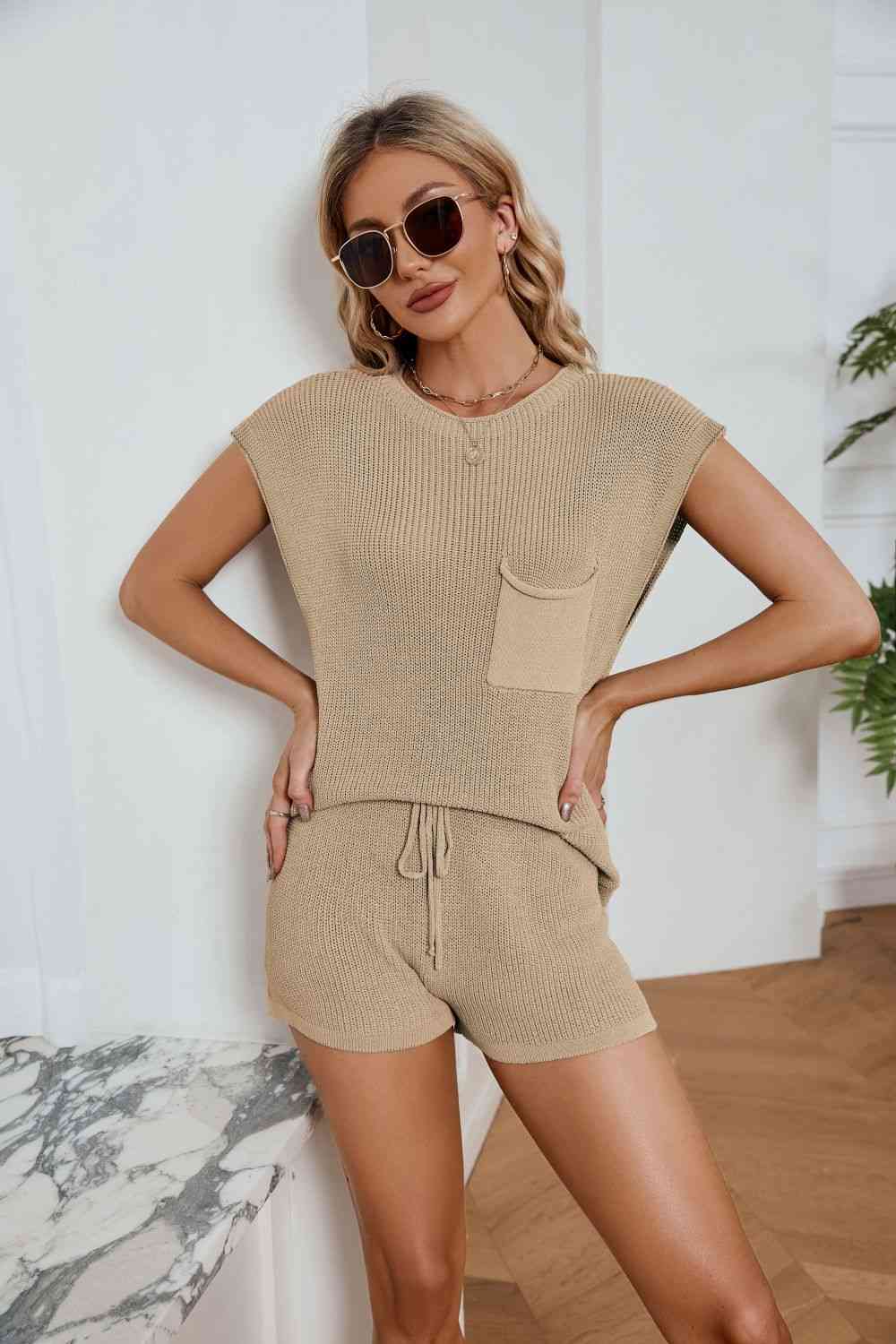 Ribbed Round Neck Pocket Knit Top and Shorts Set