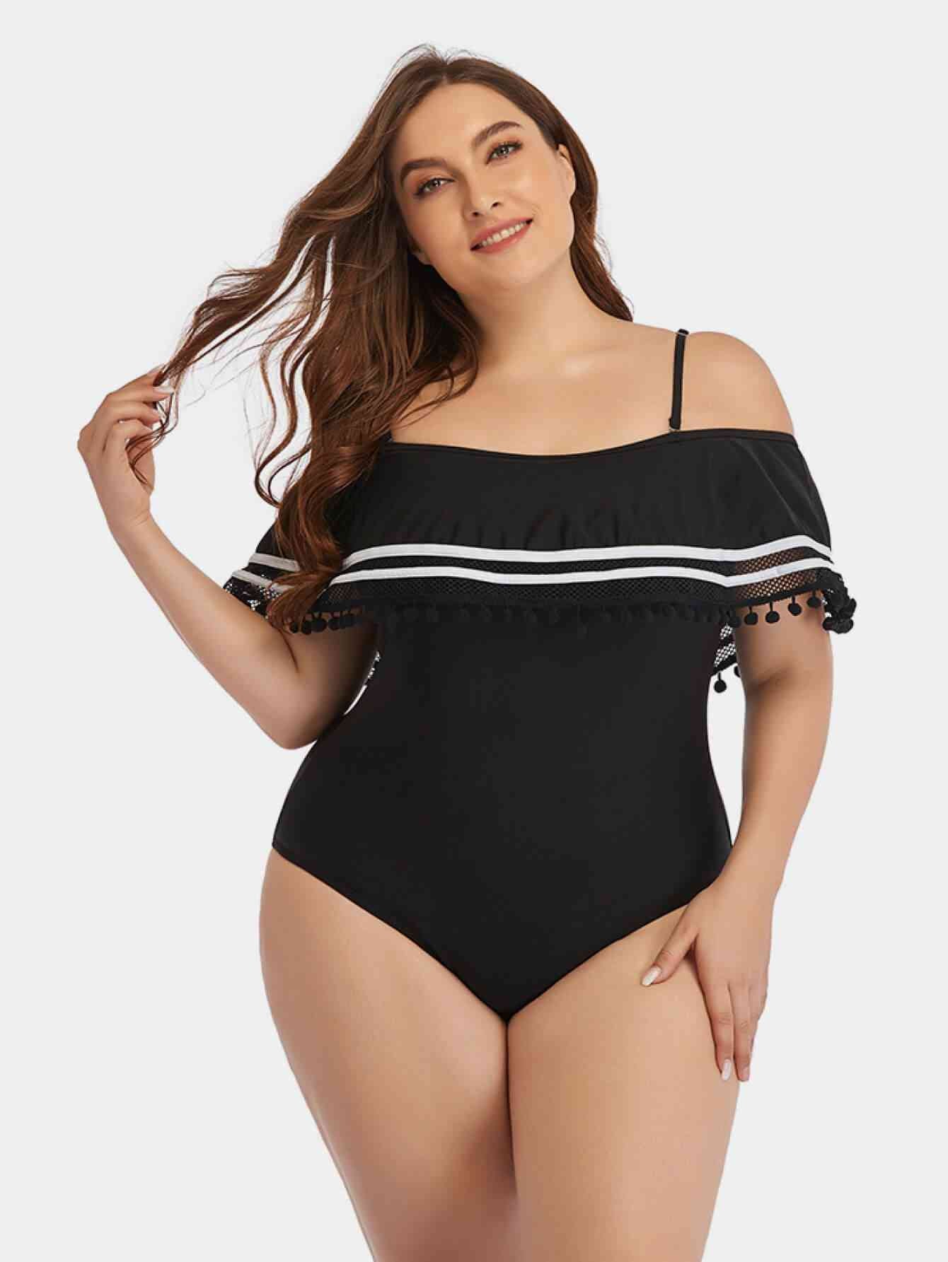 Plus Size Striped Cold-Shoulder One-Piece Swimsuit