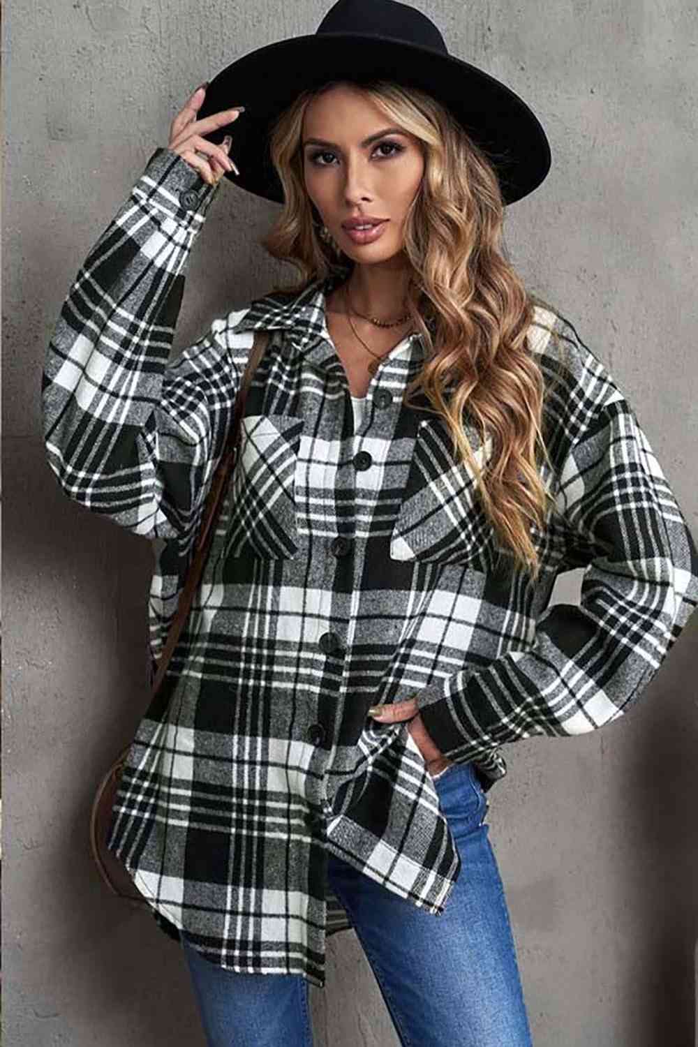 Plaid Collared Neck Button Up Jacket with Pockets