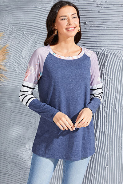 Striped Round Neck Raglan Sleeve T-Shirt