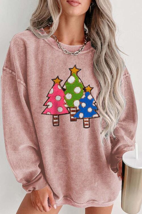 Christmas Tree Round Neck Drop Shoulder Sweatshirt