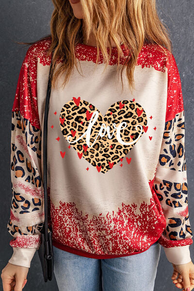 LOVE Heart Leopard Round Neck Sweatshirt