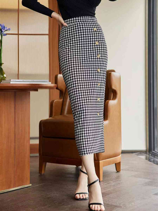 Houndstooth Decorative Button Slit Midi Skirt