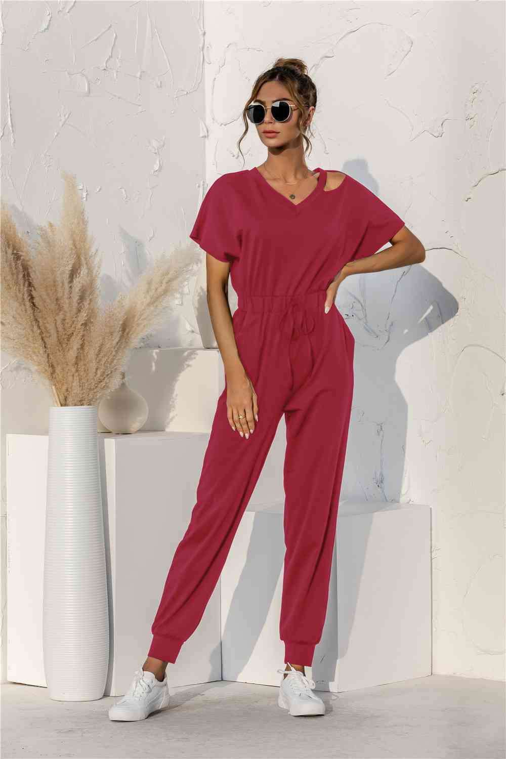 Cut Out V-neck Drawstring Jumpsuit