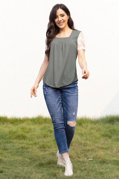 Square Neck Lace Short Sleeve T-Shirt