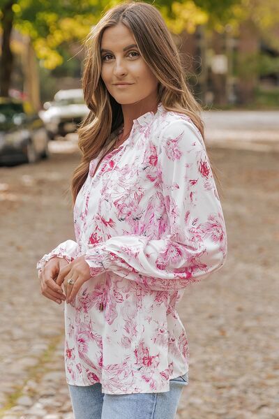 Floral Tie Neck Flounce Sleeve Blouse