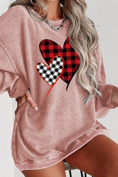 Heart Round Neck Dropped Shoulder Sweatshirt