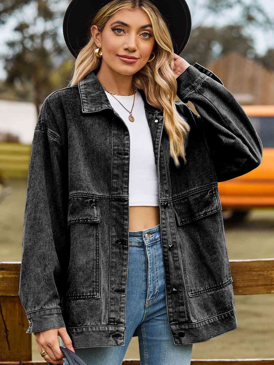 Dropped Shoulder Denim Jacket with Pockets