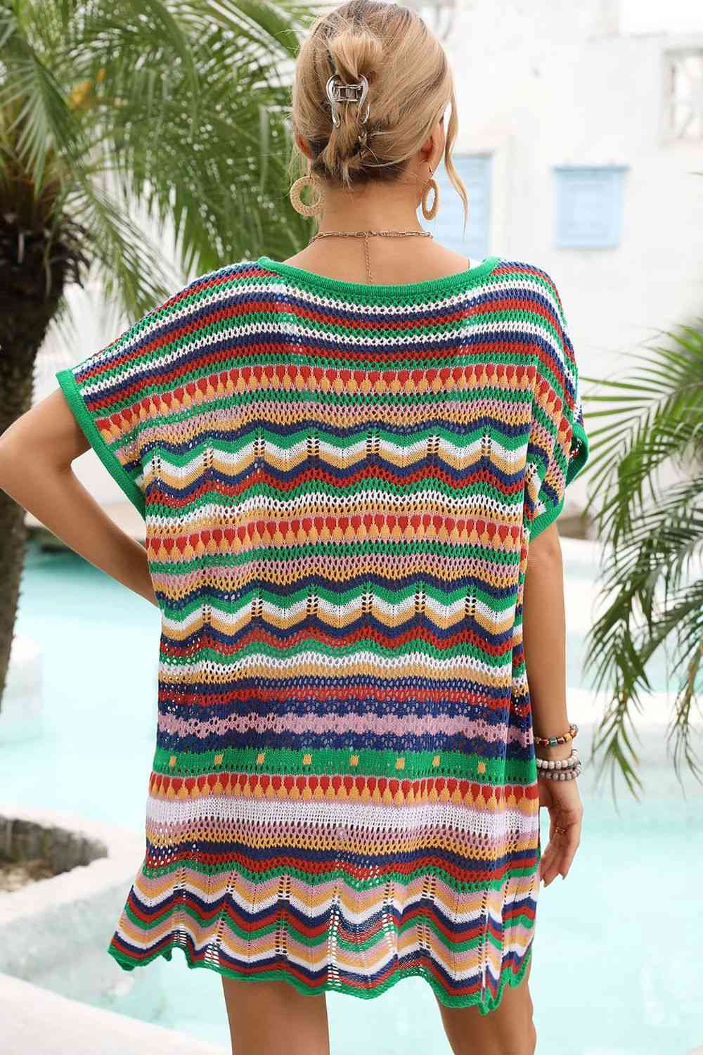 Rainbow Stripe Scalloped V-Neck Cover-Up Dress