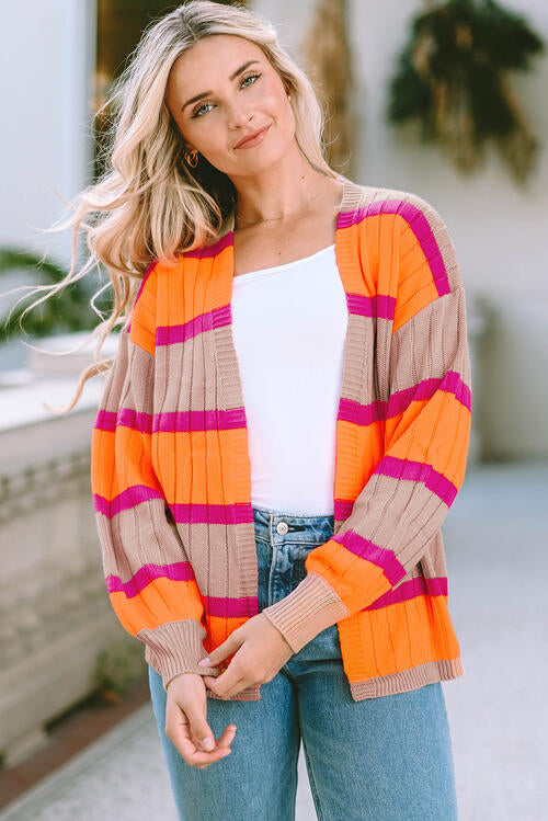 Ribbed Striped Open Front Long Sleeve Cardigan