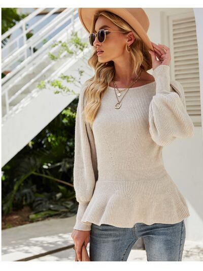 （No）Ribbed Round Neck Lantern Sleeve Sweater