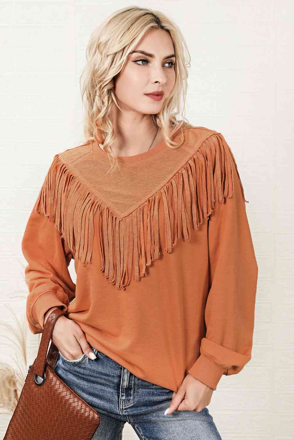 Fringe Trim Round Neck Sweatshirt