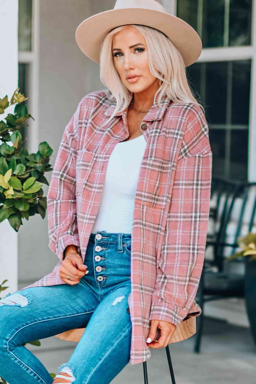 Plaid Curved Hem Dropped Shoulder Longline Shirt Jacket