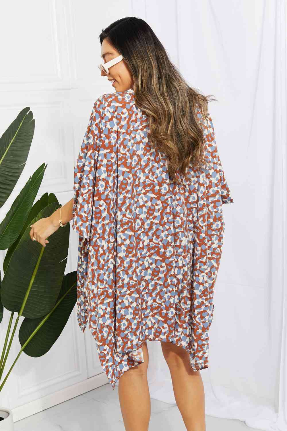 Printed Open Front Three-Quarter Sleeve Cover Up