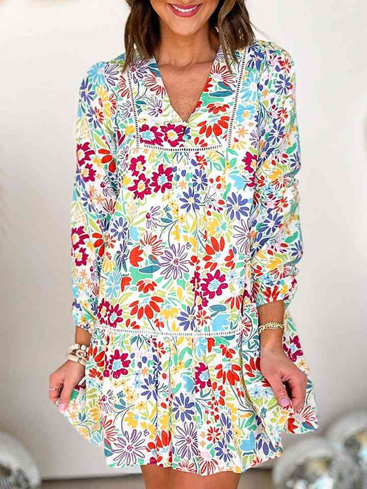 V-Neck Floral Print Long Sleeve Mini Dress