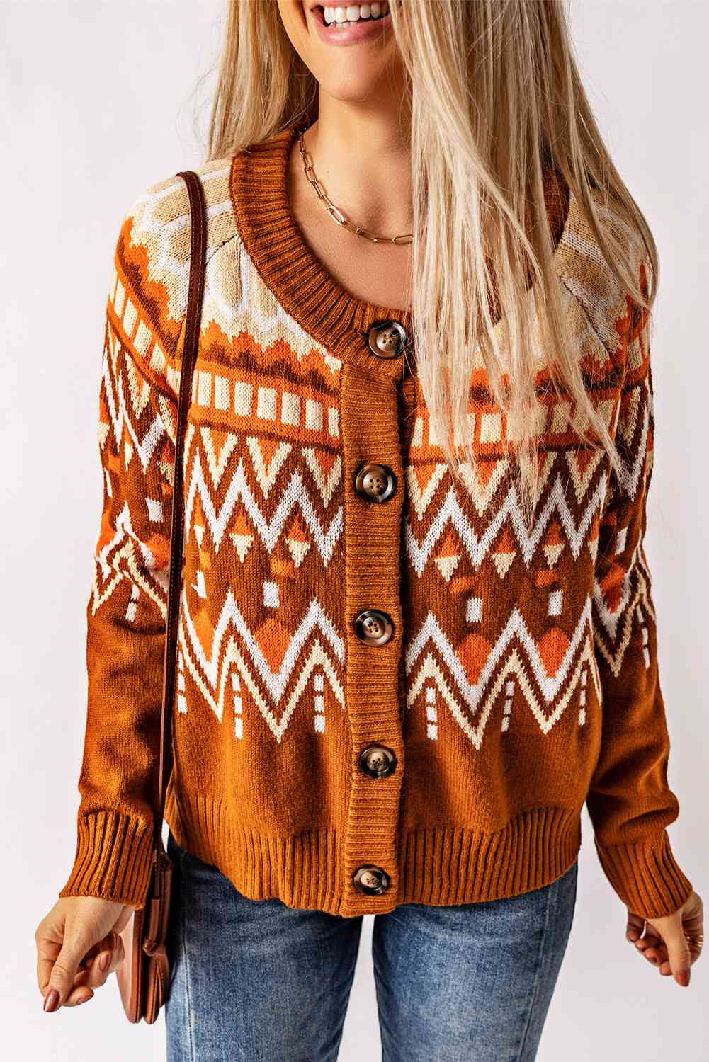 Geometric Button Down Round Neck Cardigan