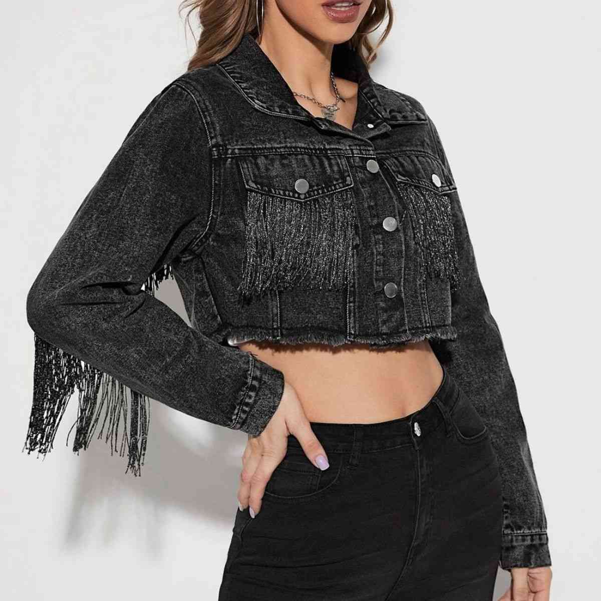 Fringe Detail Long Sleeve Cropped Denim Jacket