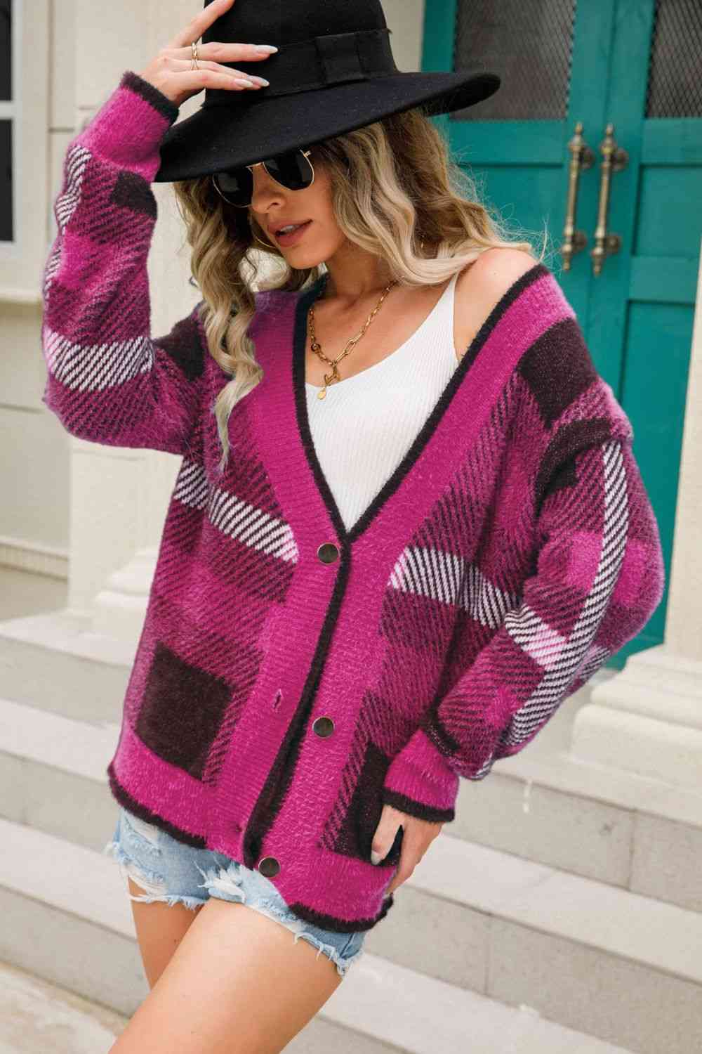 Striped Button-Front Fuzzy Cardigan