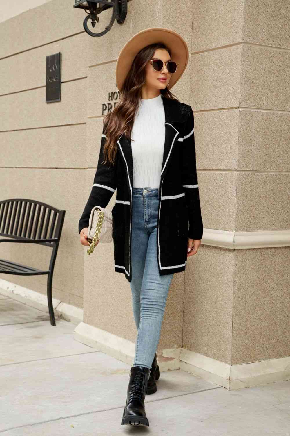 Double Take Striped Contrast Open Front Lapel Collar Cardigan with Pockets