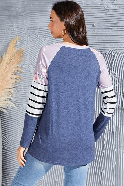 Striped Round Neck Raglan Sleeve T-Shirt