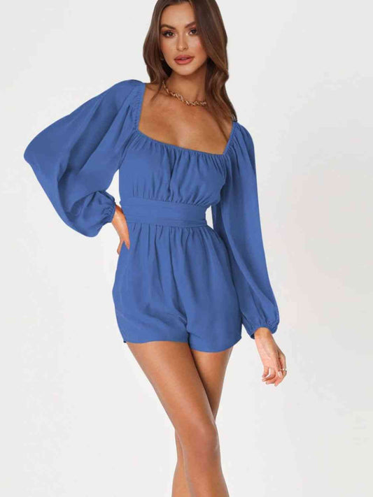 Tie Back Smocked Balloon Sleeve Romper